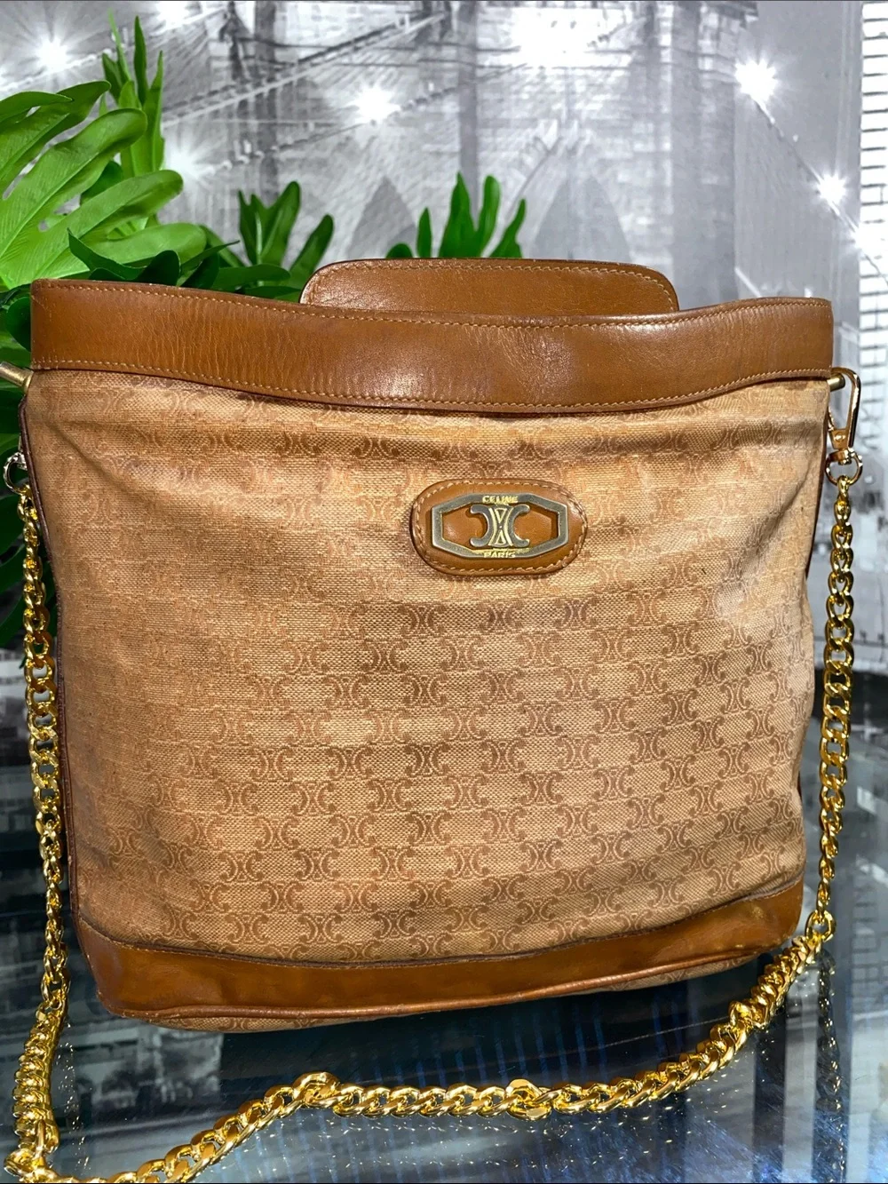 Authentic Vintage Celine Macadam Tan Brown coated Canvas & Leather Shoulder Bag
